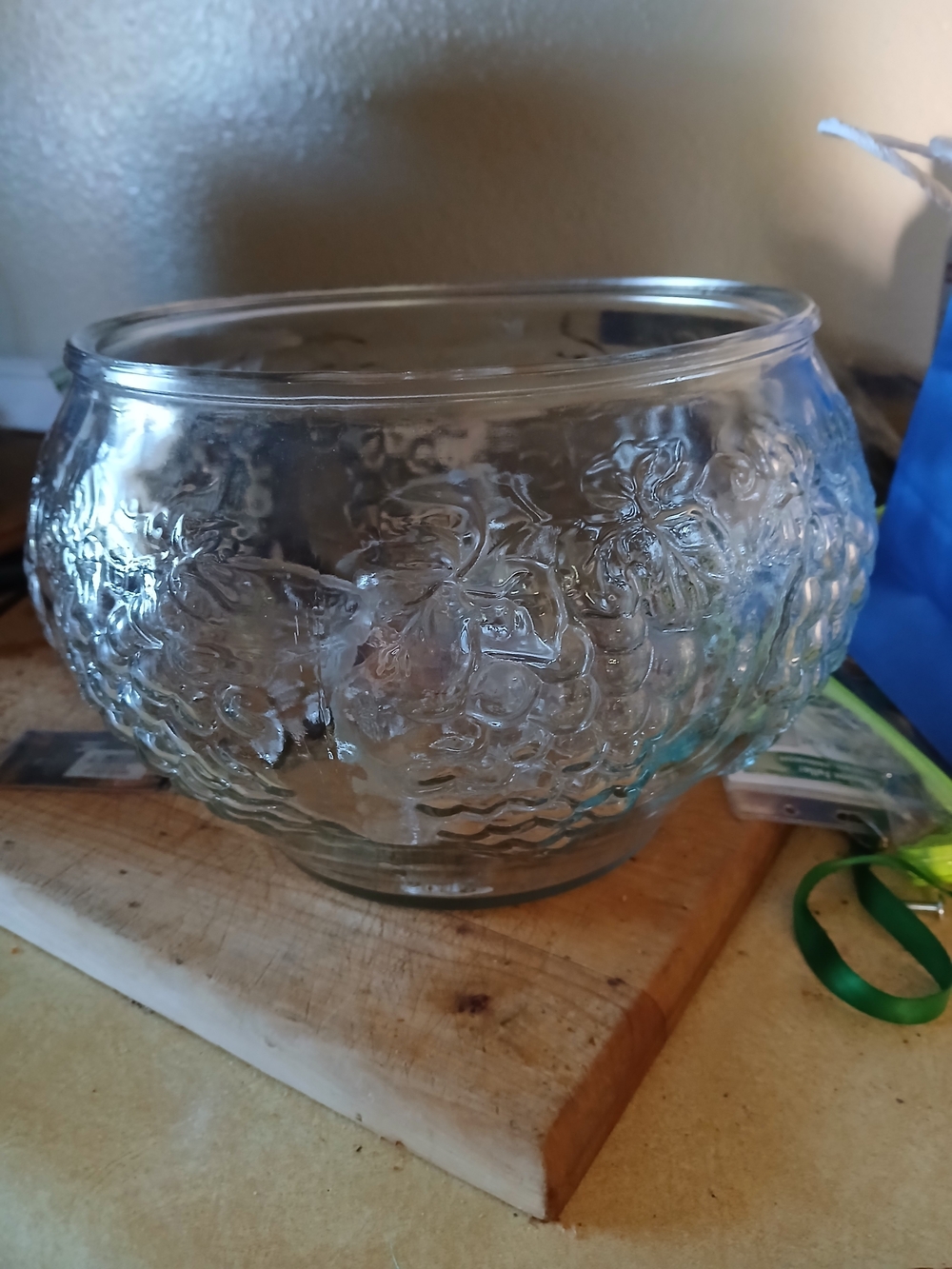 Clear Grapevine Embossed Glass Punch Bowl